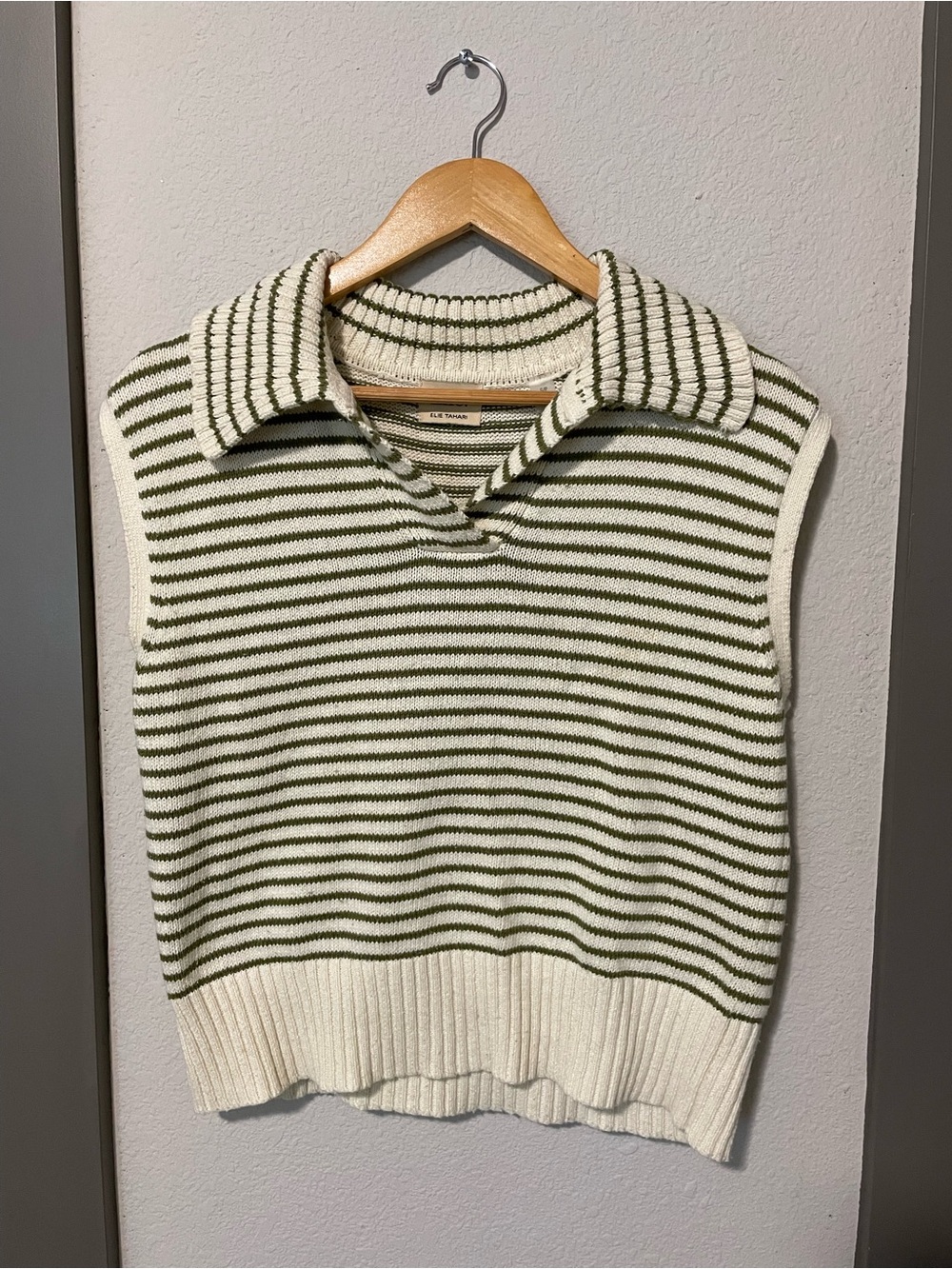 Elie Tahari Olive & Cream Striped Collared Sweater Vest